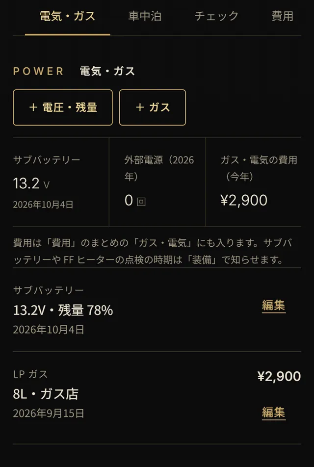 電気・ガスのタブ。サブバッテリー 13.2V、残量78%、LP ガス 8L
