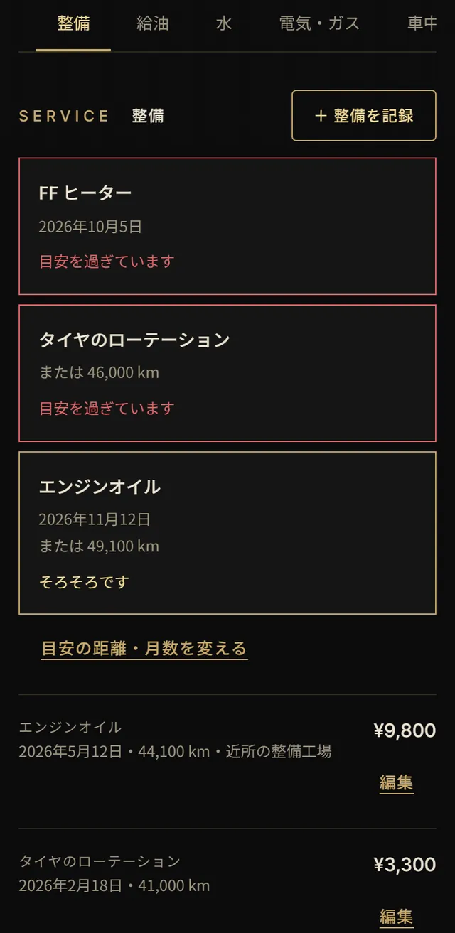 整備のタブ。FF ヒーター 目安を過ぎています、タイヤのローテーション、エンジンオイル そろそろです
