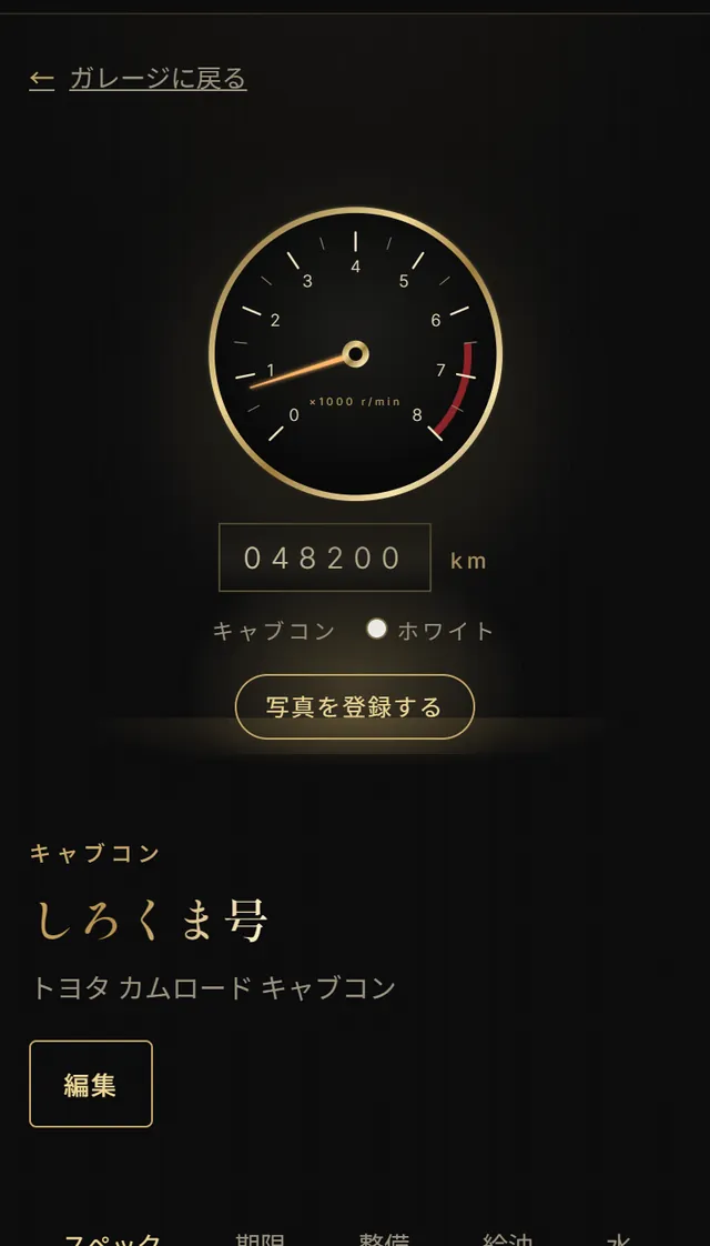 車の画面の上部。金のメーター、走行距離 048200km、キャブコン しろくま号